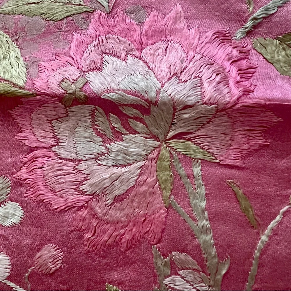 RARE Antique Qing Dynasty Chinese Silk Hand Embroidered‎ Sleeve Panel Pink Lotus